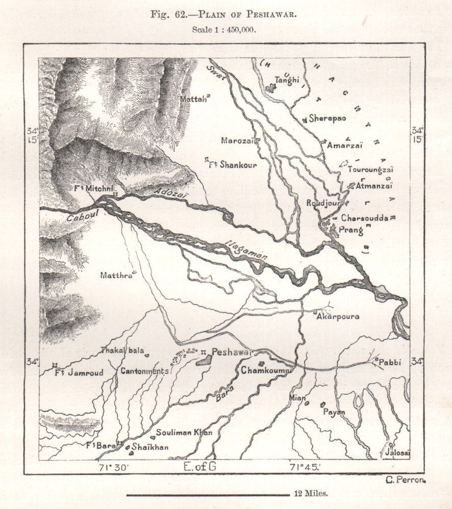 Plain of Peshawar. Pakistan. Sketch map 1885 old antique plan chart